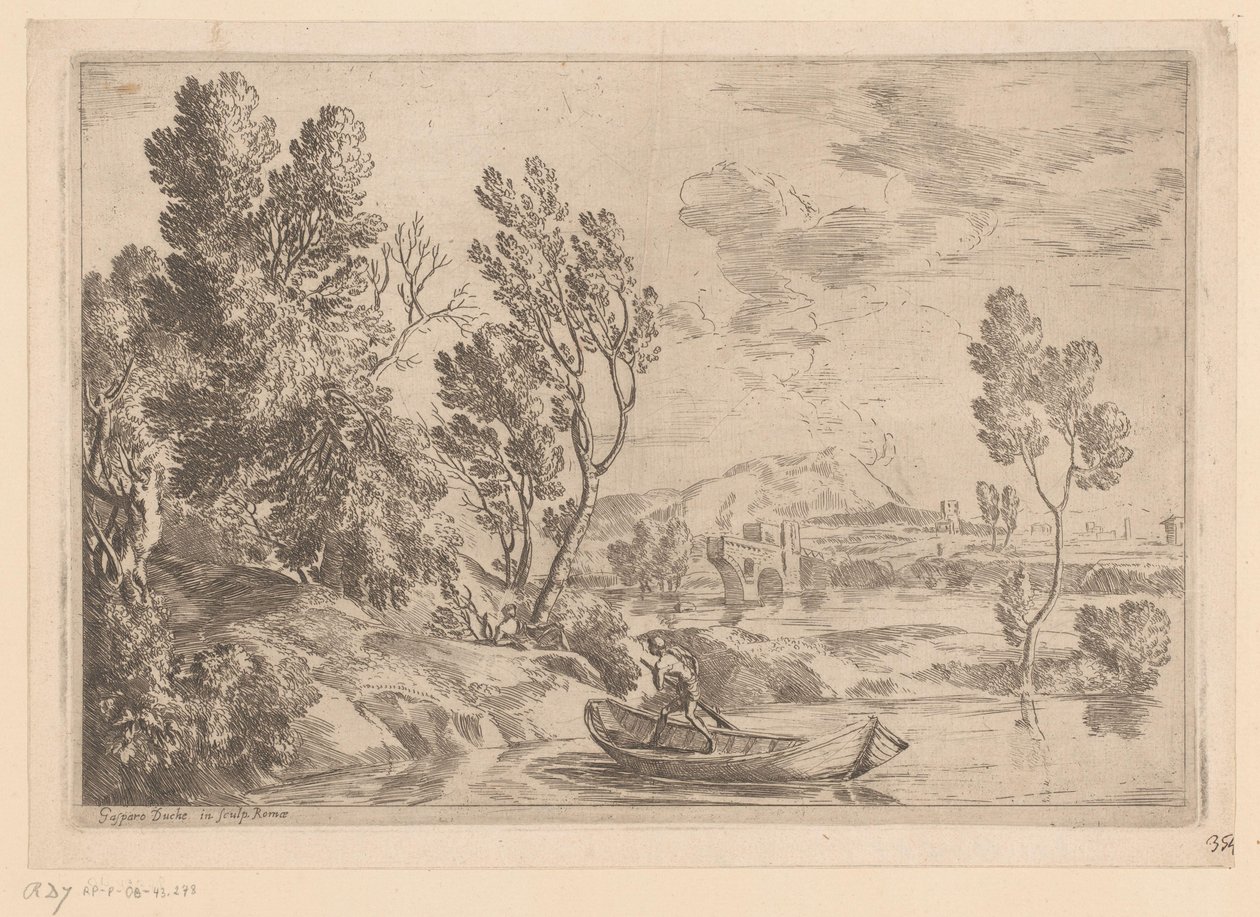 Paysage fluvial avec homme dans une barque - Gaspard Dughet