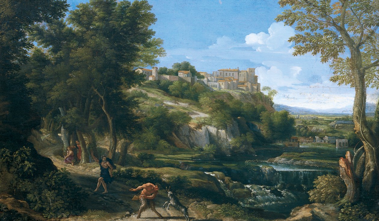 Paysage montrant un faune dansant et une nymphe - Gaspard Poussin Dughet