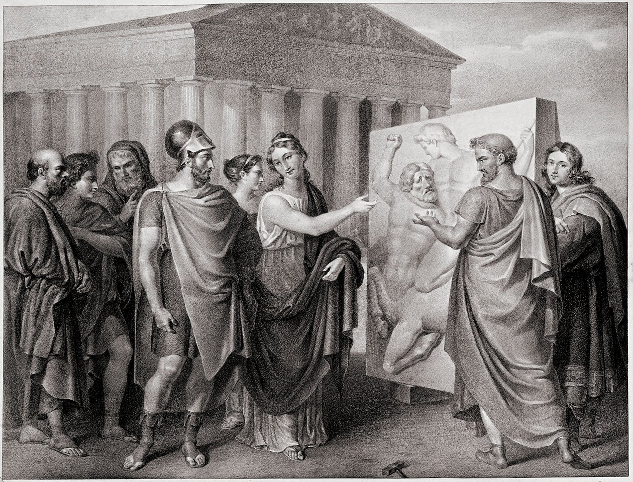 Le politicien athénien Périclès (495-429 av. J.-C.) et Aspasie, sa compagne, dirigent le travail de Phidias pour le Parthénon à Athènes (gravure) - Gaspare Landi