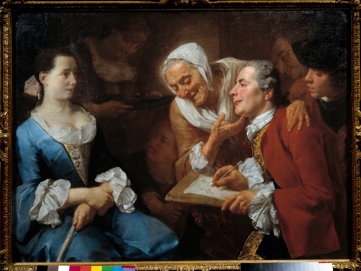 Un peintre et son modèle, derrière lui une vieille femme tend le cou pour regarder son dessin - Gaspare Traversi