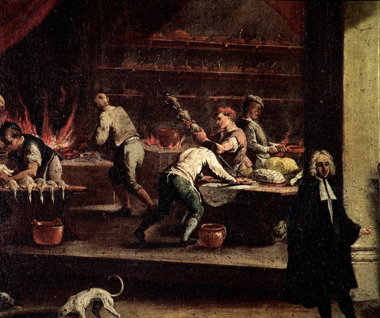 Cuisiniers vénitiens travaillant dans une cuisine (détail) - Peinture attribuée à Gaspare Diziani (1698-1767), enseigne de l