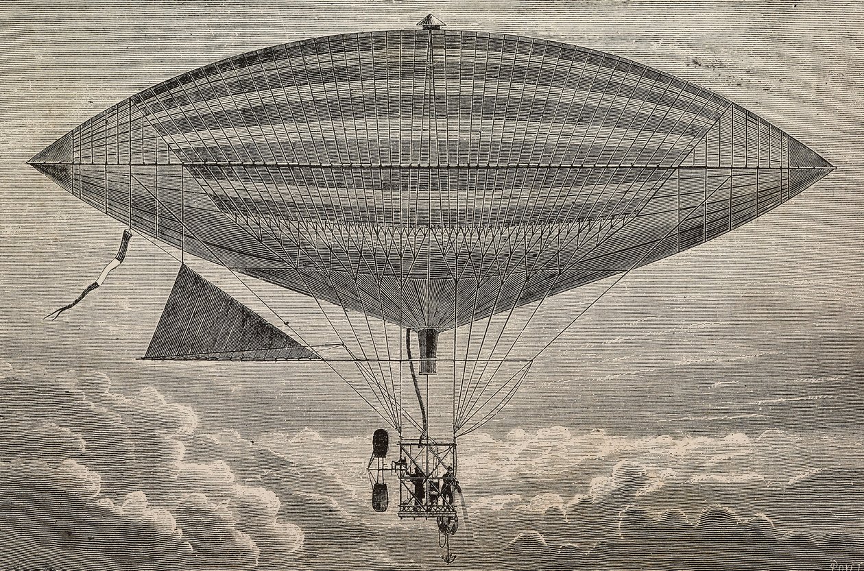 Ballon électrique avec hélice, prototype de Gaston (18473-1899) et Albert Tissandier (1839-1906), Paris, France, gravure de L