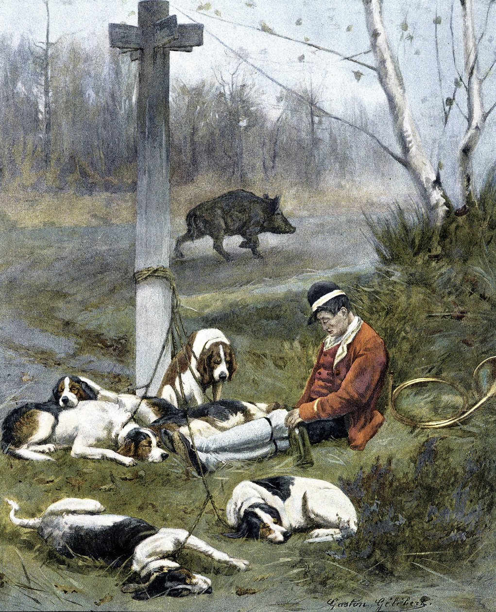 Le chasseur et ses chiens endormis - gravure par Gaston Gelebert - Gaston Gelibert