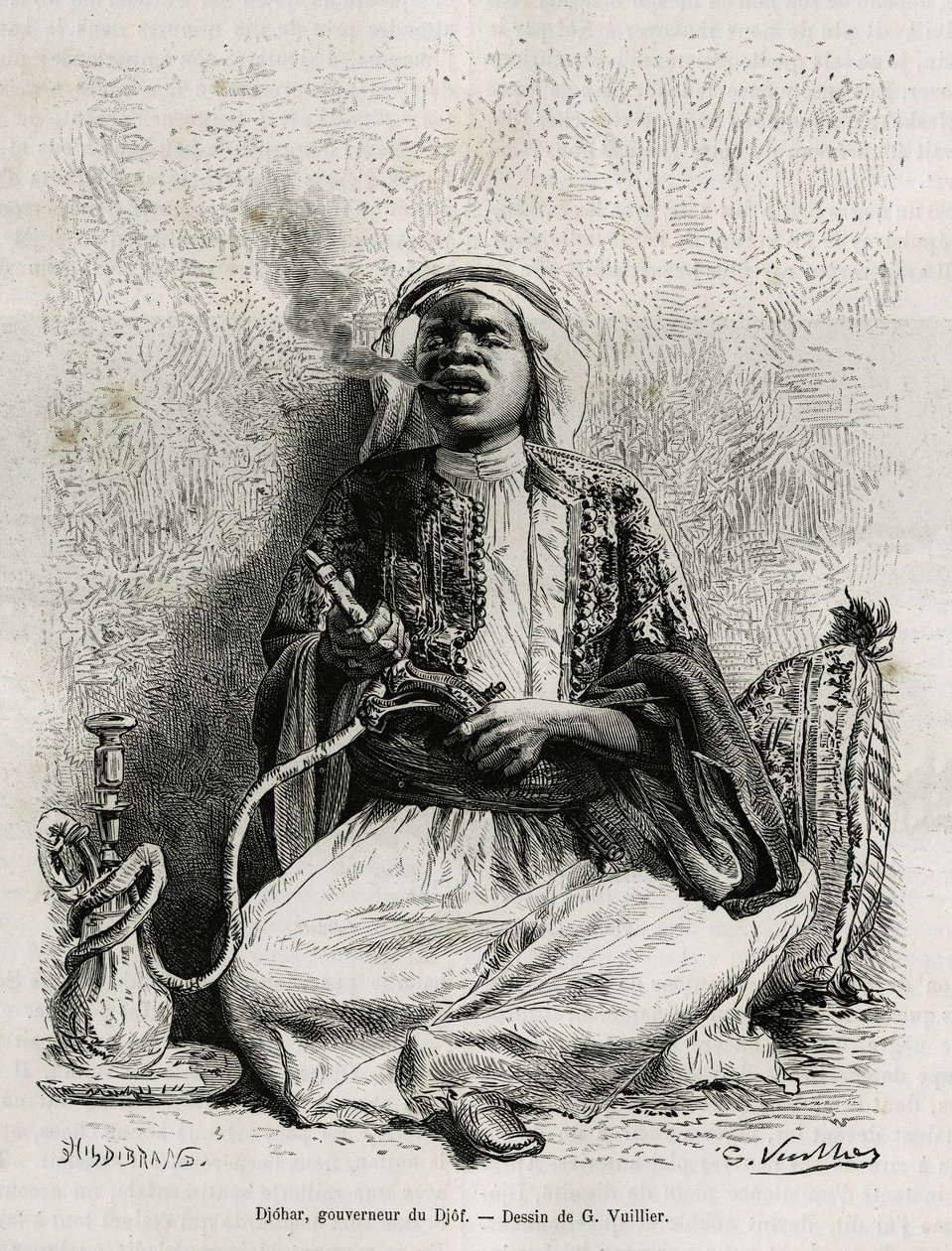 Portrait de Djohar, gouverneur du djof, fumant le narguilé (illustration de l