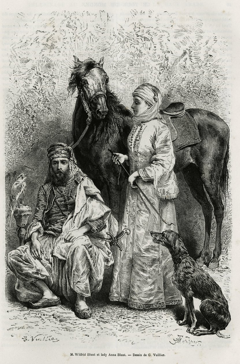 Portraits de M. Wilfrid Blunt (1840-1922), poète et écrivain, et de sa femme, Lady Anna Blunt (née King Noel (King Noel) 1837-1917), la première femme européenne à explorer le Moyen-Orient, portant une tenue de voyage, devant l