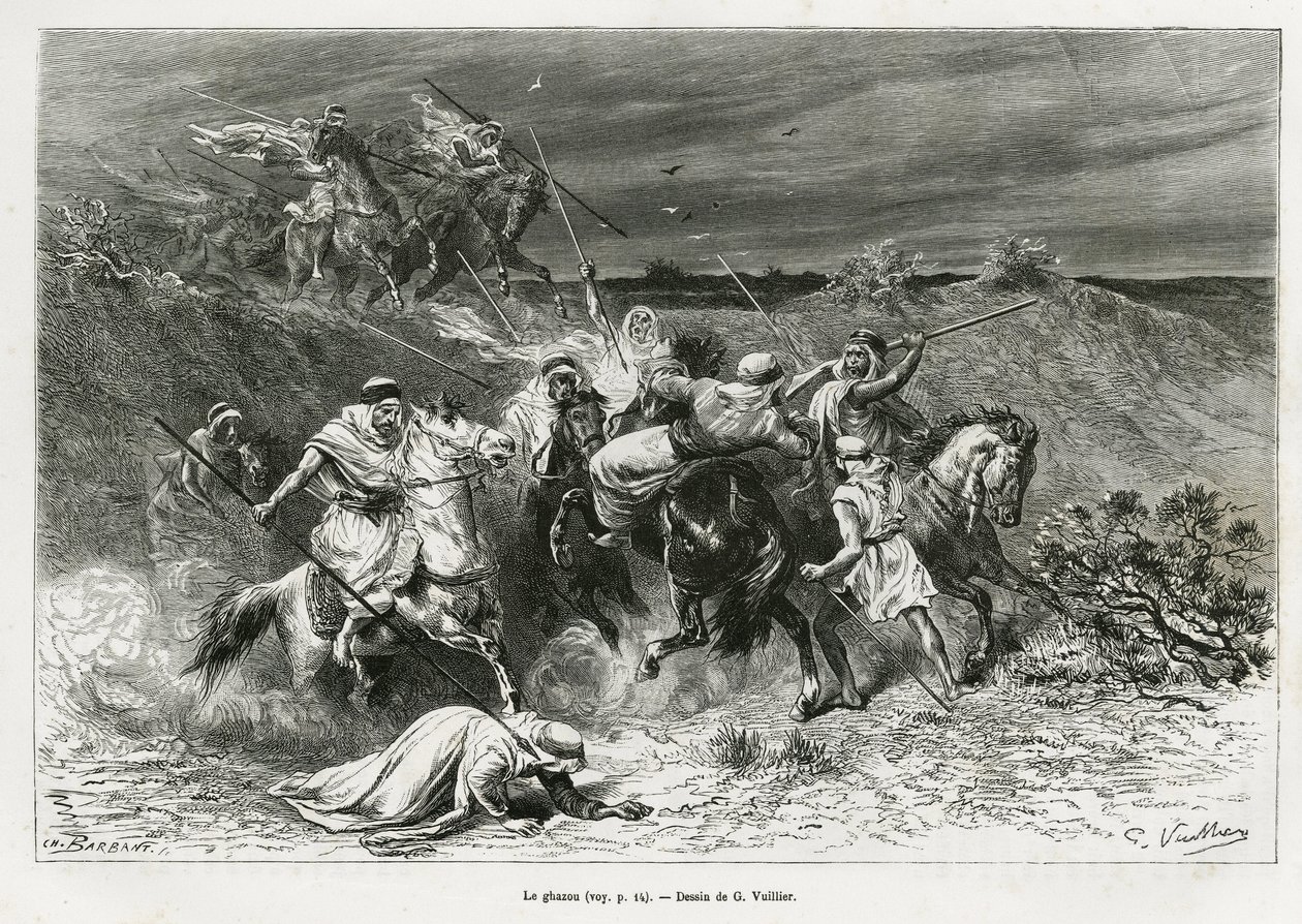 Le Ghazou, ou razzia, pillage à main armée. Gravure par G.Vuillier, pour illustrer l