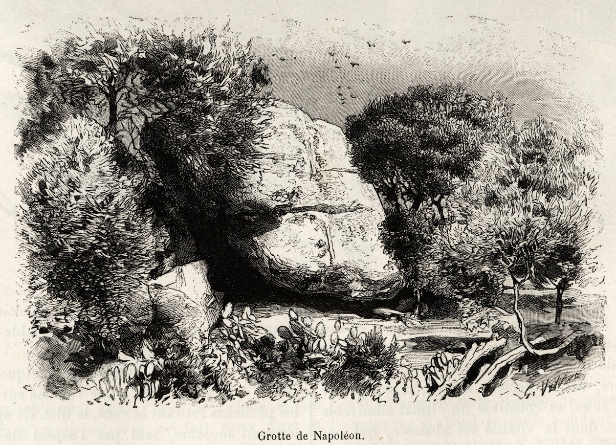 La grotte Napoléon, où Napoléon Bonaparte (1769-1821) aimait se réfugier enfant pour étudier et méditer. Gravure et histoire La Corse par Gaston Vuillier (1845-1915), en 1890, dans Le tour du monde, nouveau journal des voyages, sous la direction d