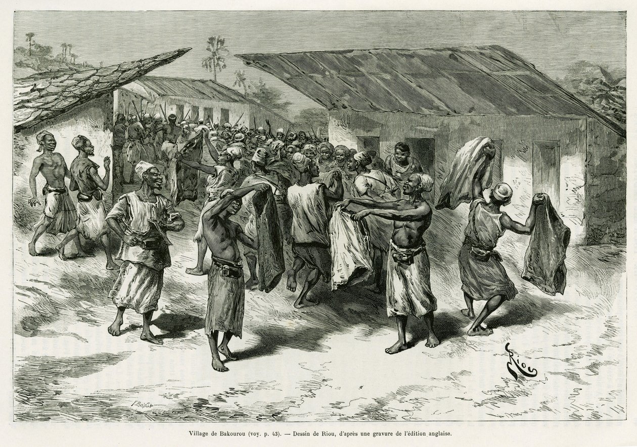 Le village de Bakourou, les indigènes reçoivent des cadeaux pour les négociations de paix. Gravure par G. Vuillier, pour illustrer l