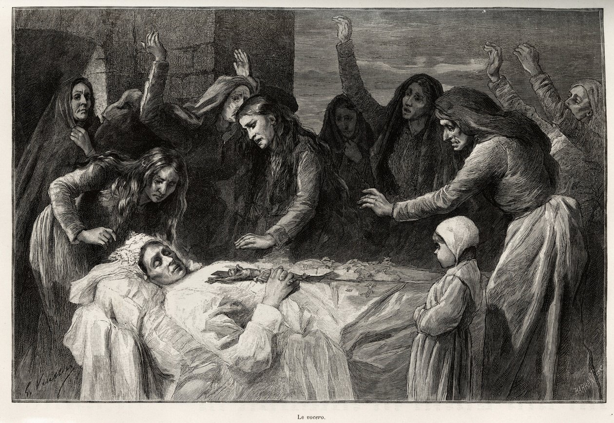 Le vocero, chant funèbre corse appelant à la vengeance. Gravure et histoire La Corse par Gaston Vuillier (1845-1915), en 1890, dans Le tour du monde, nouveau journal des voyages, sous la direction d