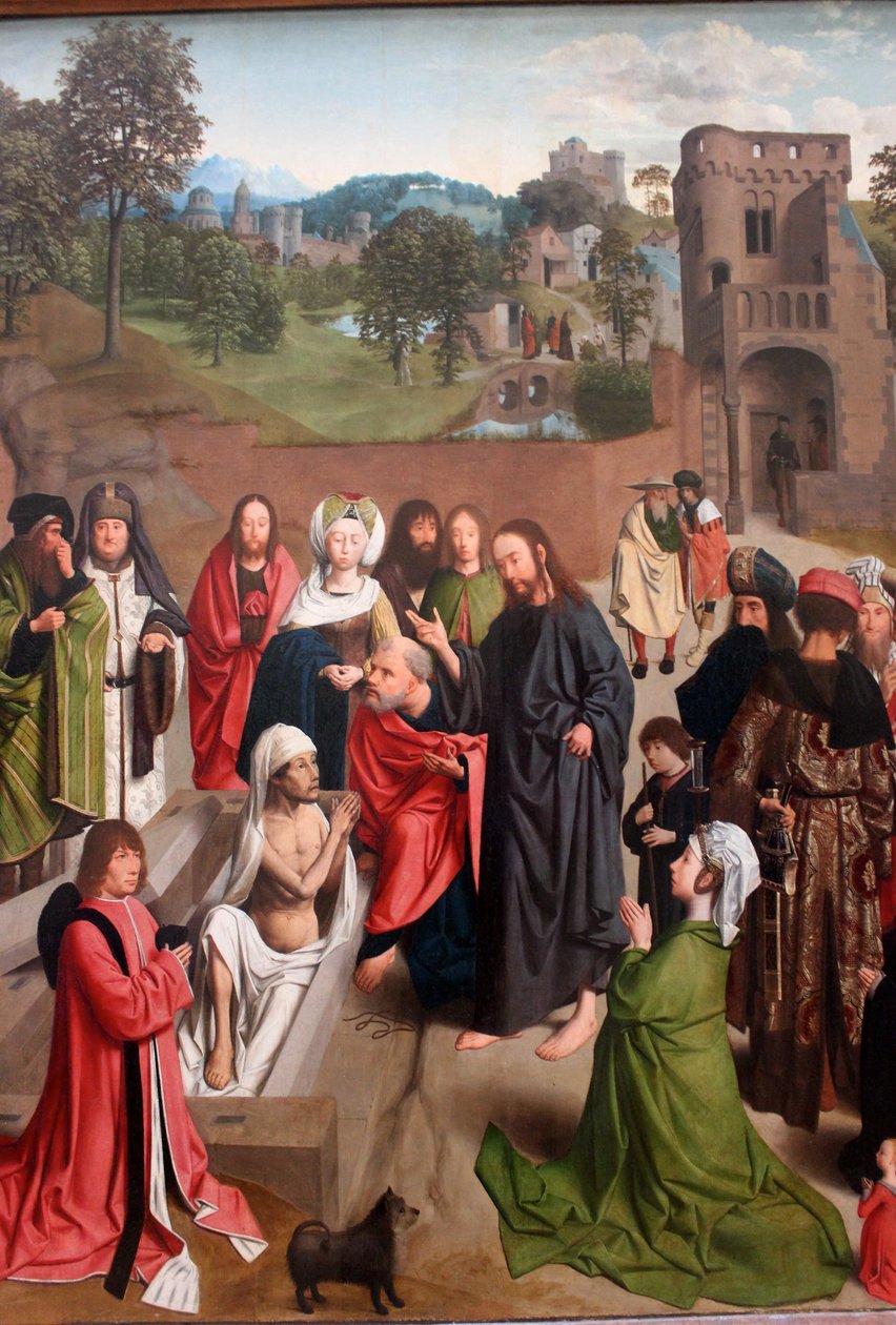 Néerlandais :  De opwekking van Lazarus La résurrection de Lazare avec un couple de donateurs et leur fille - Geertgen Tot sint Jans