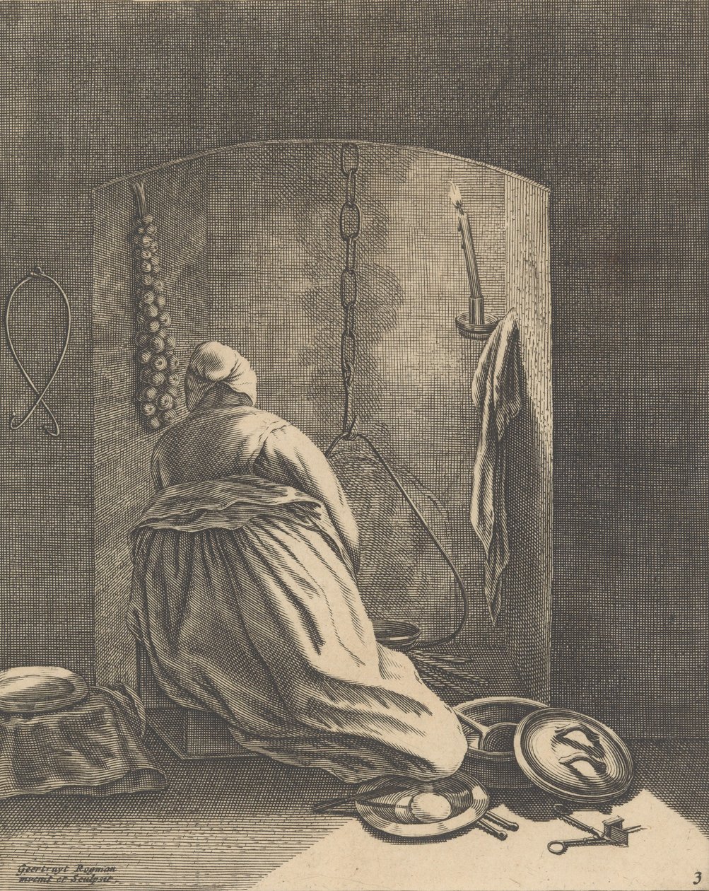 Une femme cuisinant, Planche 3 de Cinq occupations féminines, vers 1640-57 - Geertruydt Roghman