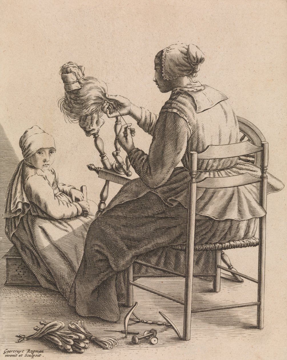 Une femme filant, Planche 4 de Cinq occupations féminines, vers 1640-57 - Geertruydt Roghman