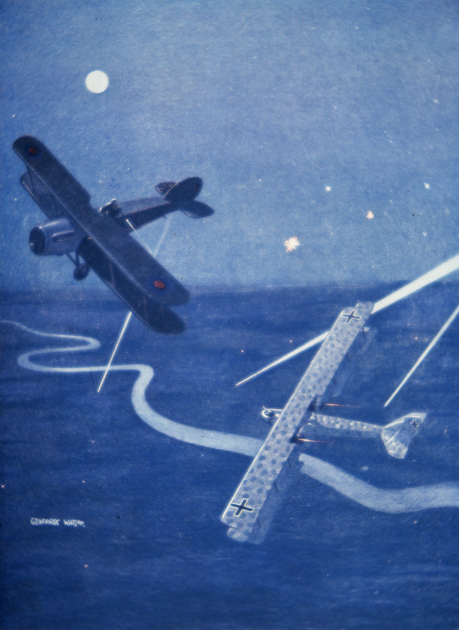 Chasseur de Bristol attaquant un bombardier Gotha allemand au-dessus de Londres de nuit - Geoffrey Watson