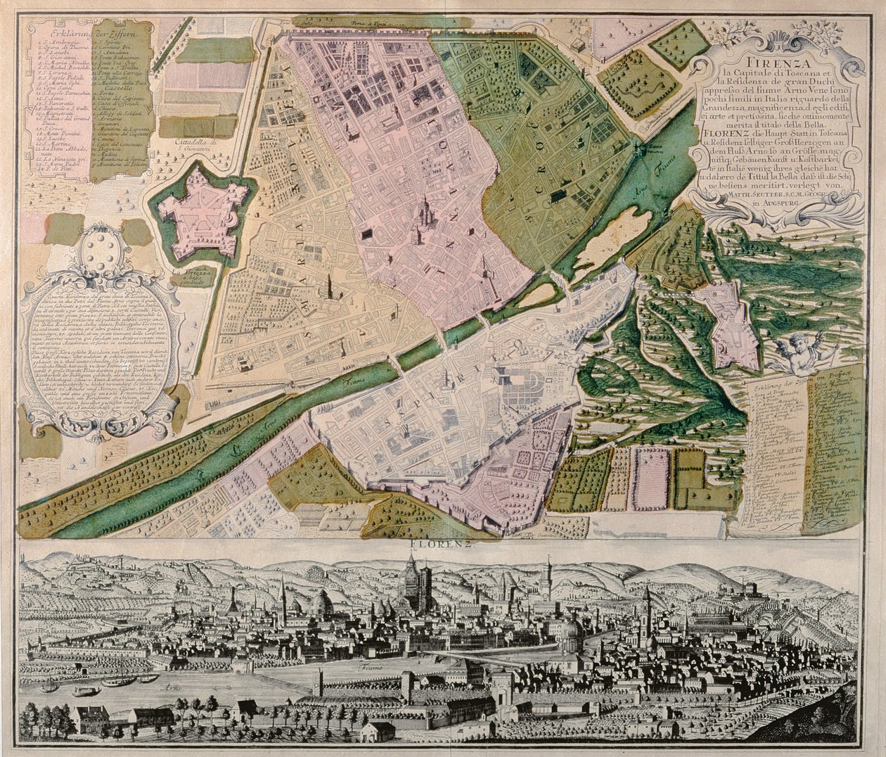 Carte de Florence avec une vue perspective, 1750 - Georg Matthäus Seutter