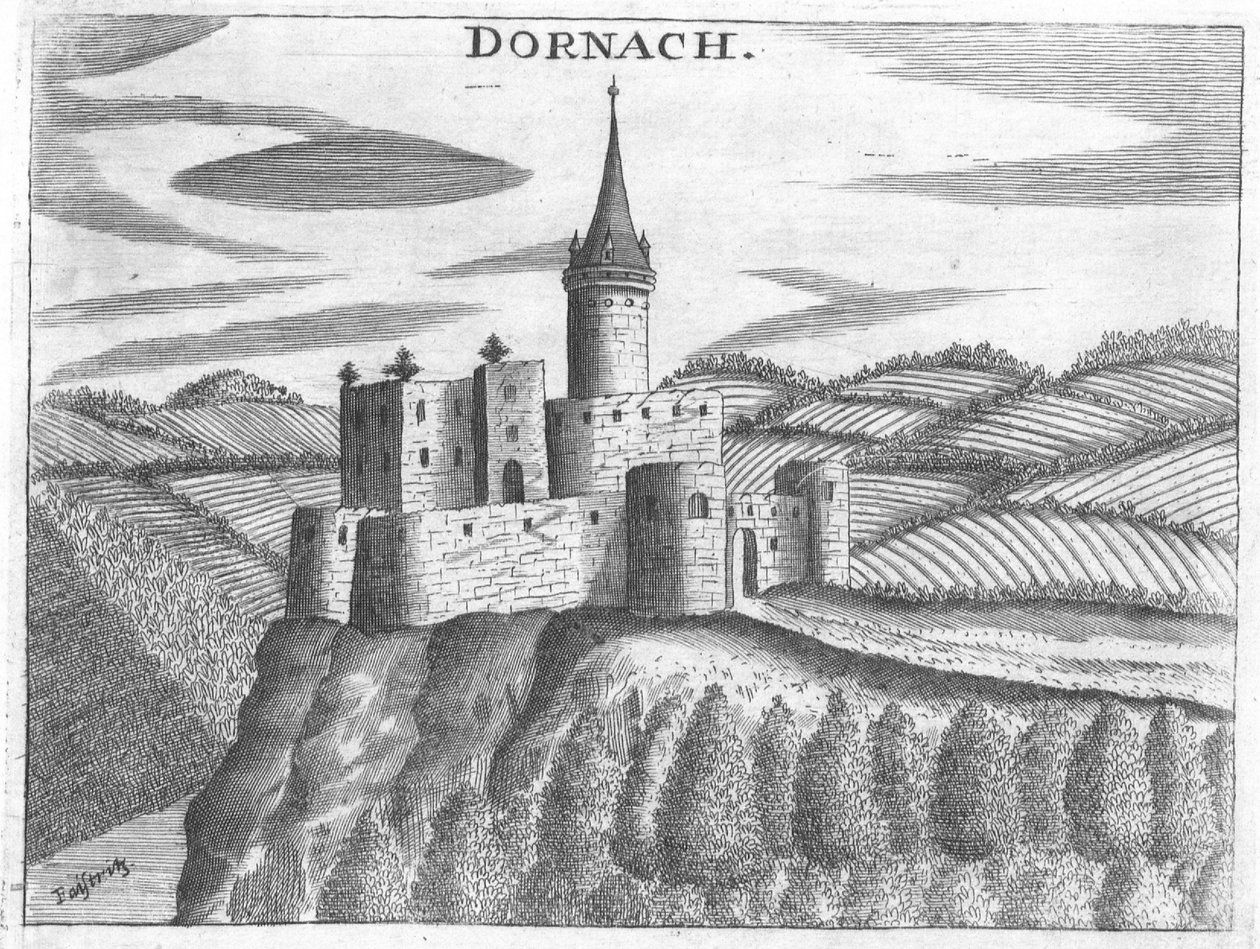 Gravure, vue du château de Dornach, Haute-Autriche - Georg Matthaus Vischer