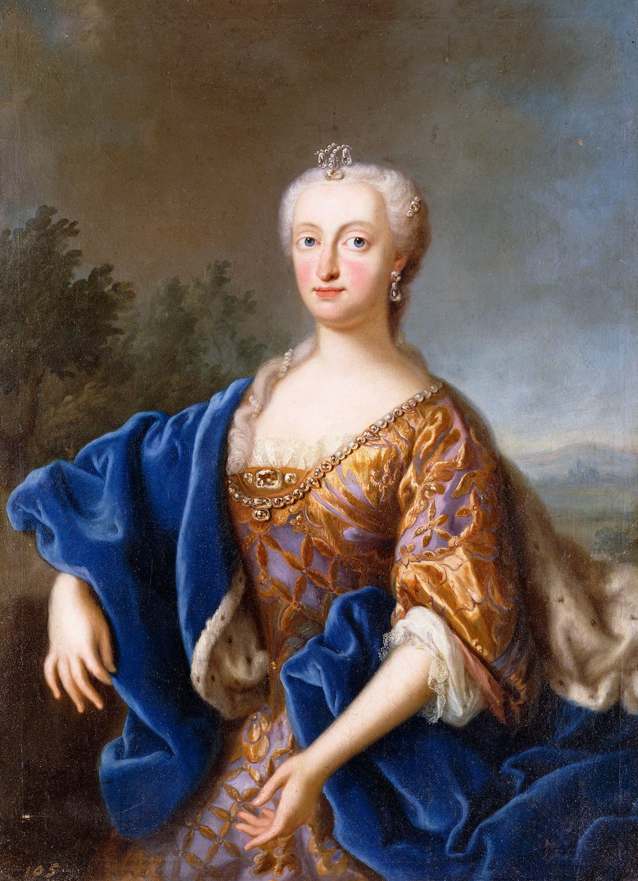 Portrait de Maria Amalia, debout, trois-quarts de longueur, portant une robe brodée - Georg (circle of) Desmarees