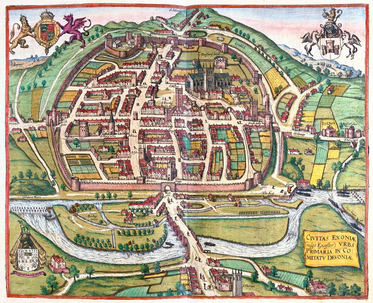 Exter, Angleterre - dans "Civitates Orbis Terrarum" de Georg Braun, Cologne 1617 - Georg Braun