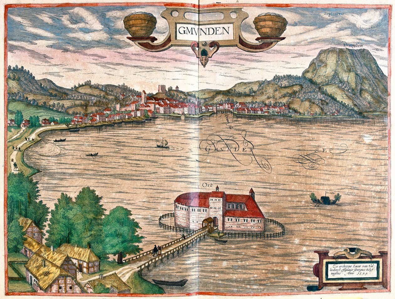 Gmunden, Autriche - dans "Civitates Orbis Terrarum" de Georg Braun, Cologne 1617 - Georg Braun