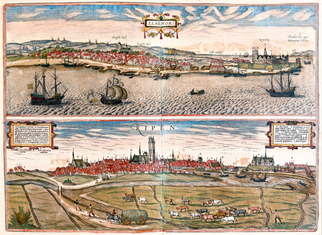 Helsingor (Helsimor - Hamlet), Danemark - dans "Civitates Orbis Terrarum" par Georg Braun, Cologne 1617 - Georg Braun