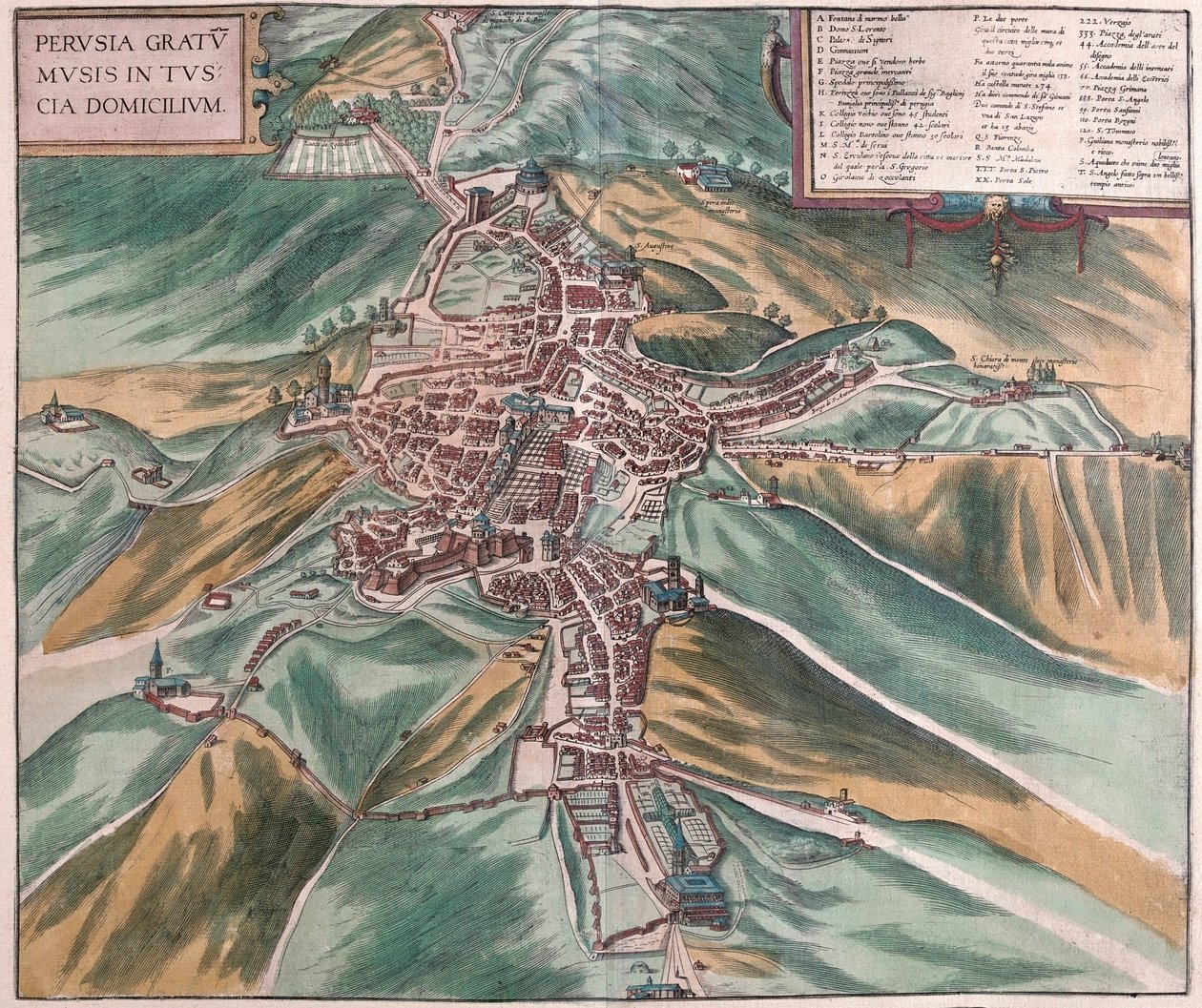 Pérouse, Italie - dans "Civitates Orbis Terrarum" de Georg Braun, Cologne 1617 - Georg Braun