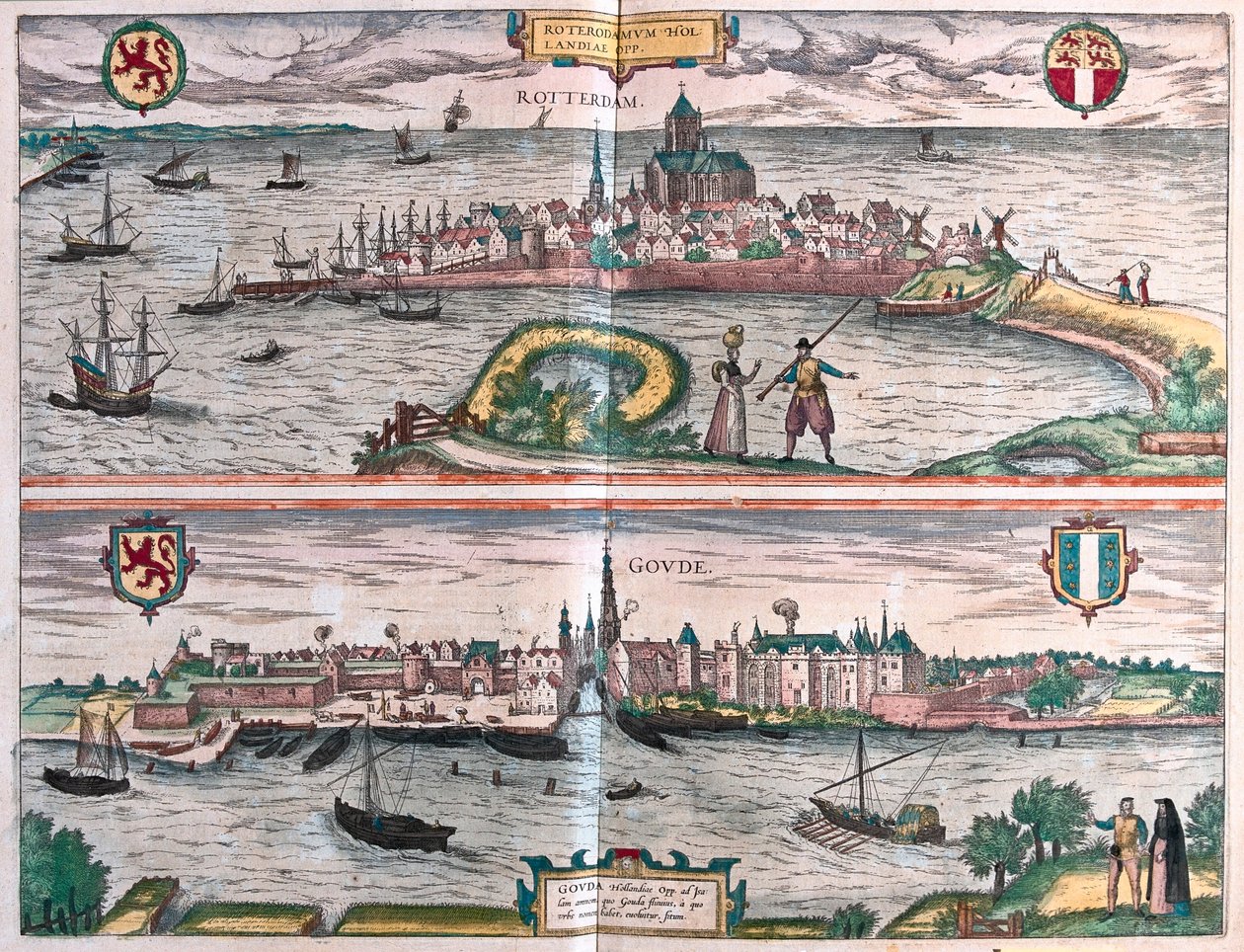 Rotterdam et Gouda, Pays-Bas - dans "Civitates Orbis Terrarum" de Georg Braun, Cologne 1617 - Georg Braun