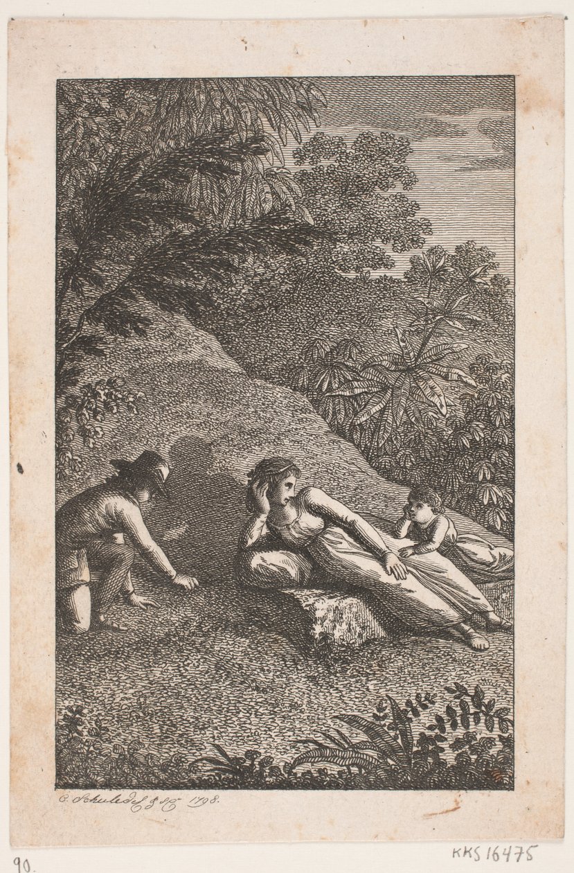 Femme allongée avec garçon et fille dans un paysage - Georg Christian Schule
