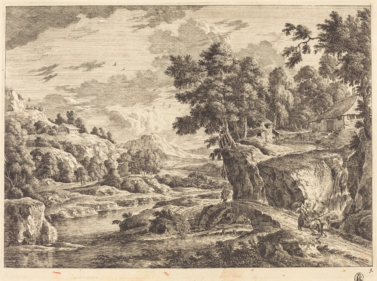 Paysage avec un pont et trois bâtiments de ferme - Georg Eisenmann