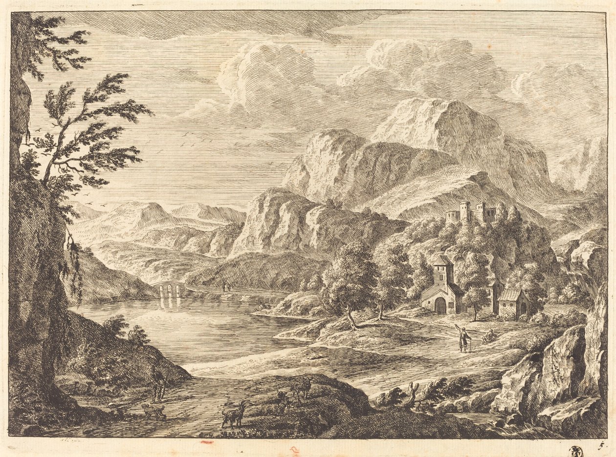 Paysage montagneux avec un château en ruine et un pont voûté au loin - Georg Eisenmann