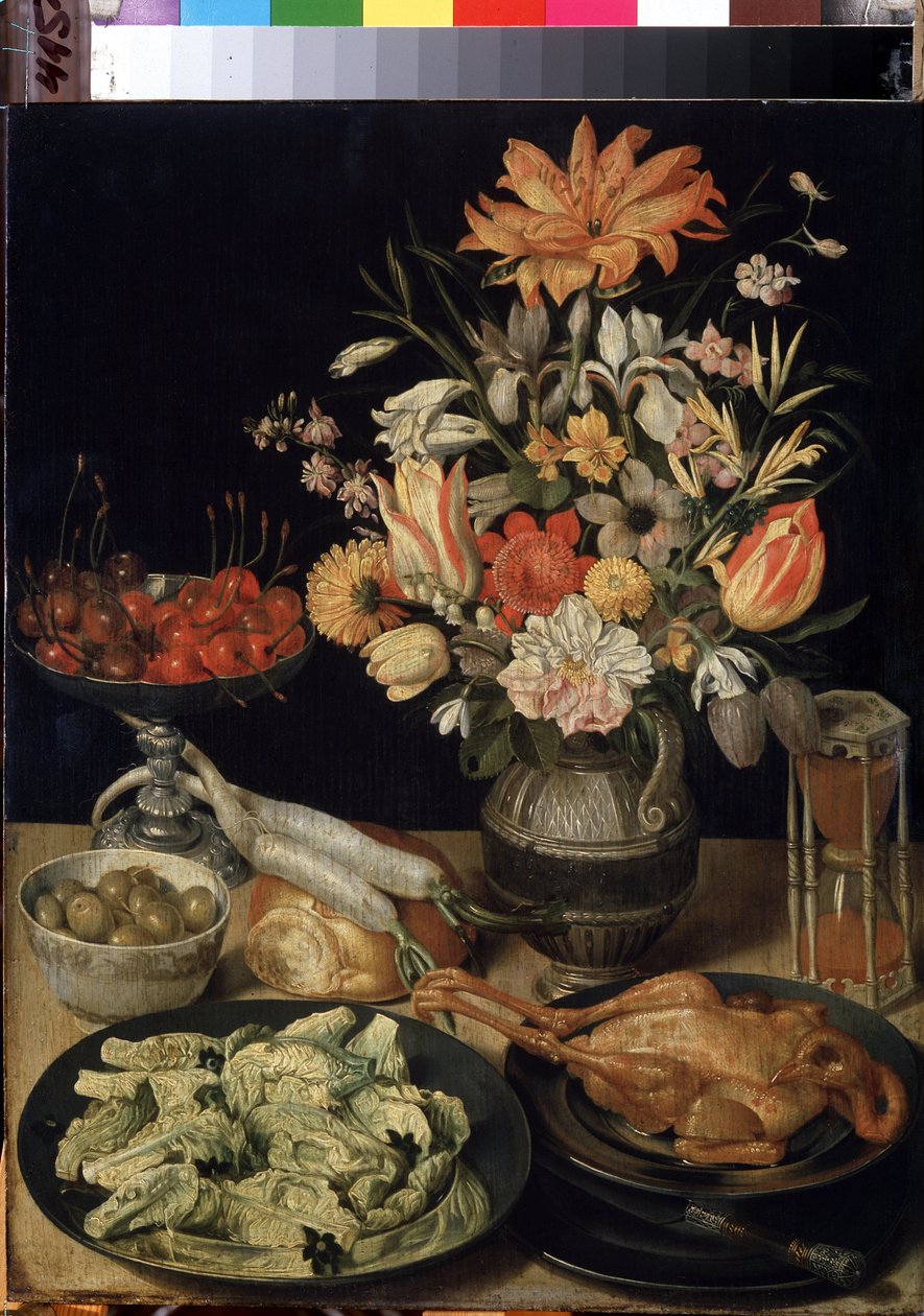Nature morte aux fleurs, poulet, sablier, olives, cerises et chou - Georg Flegel
