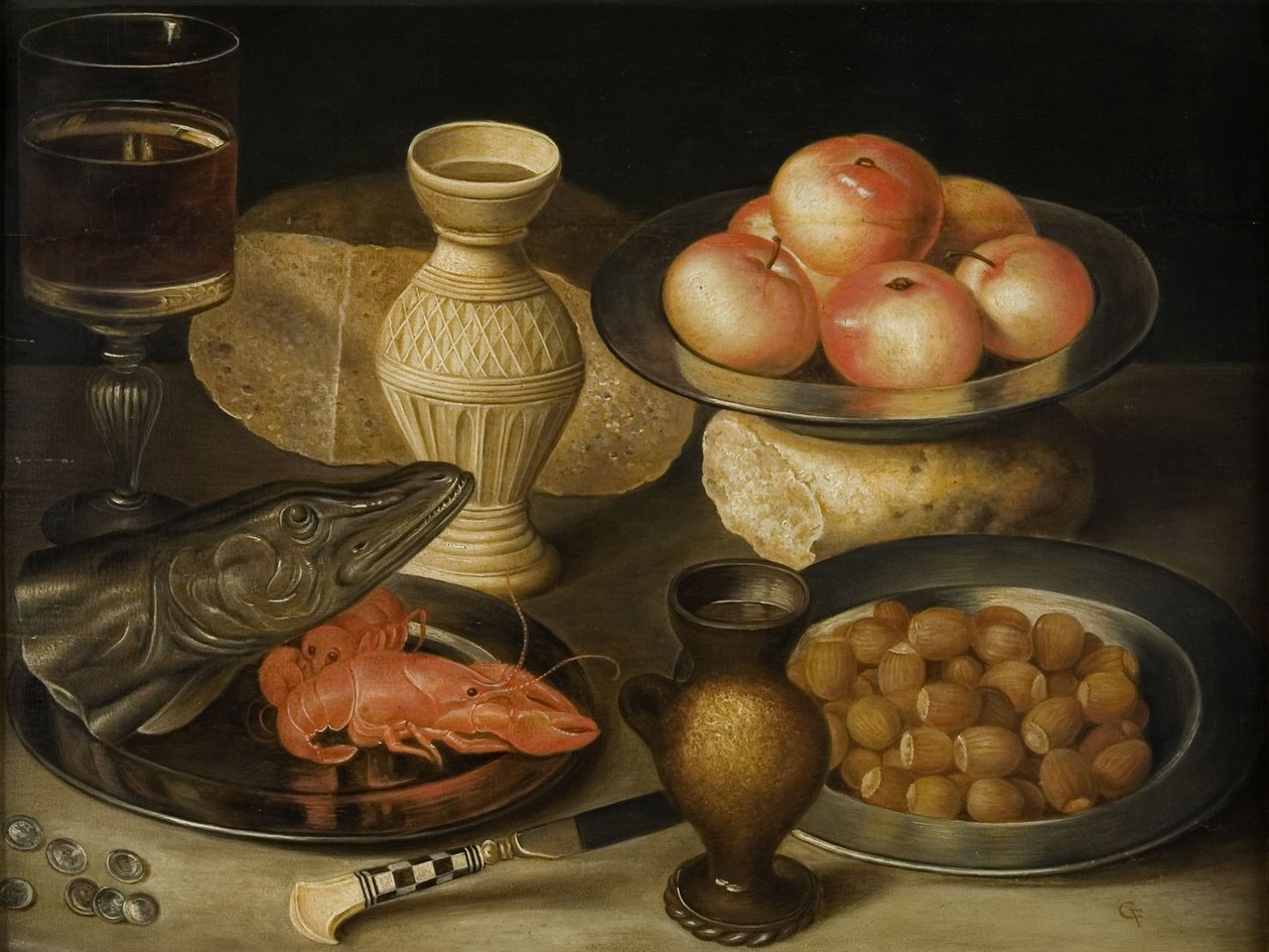 Nature morte avec cruche en grès de Siegburg, verre, couteau, deux pains, début du XVIIe siècle - Georg Flegel