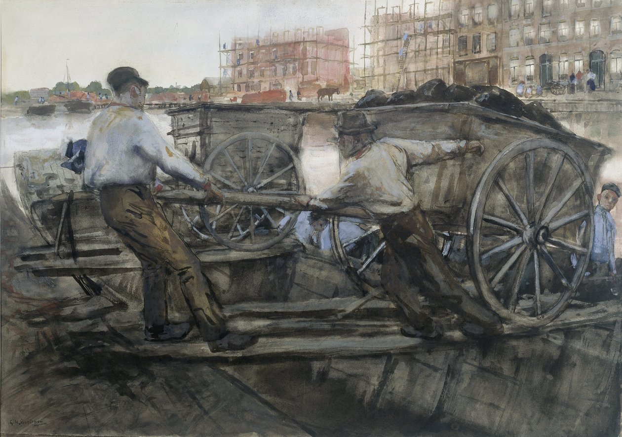 Travailleurs tirant une charrette lourdement chargée sur Jacob van Lennepkade, Amsterdam, 1900 - George Hendrik Breitner