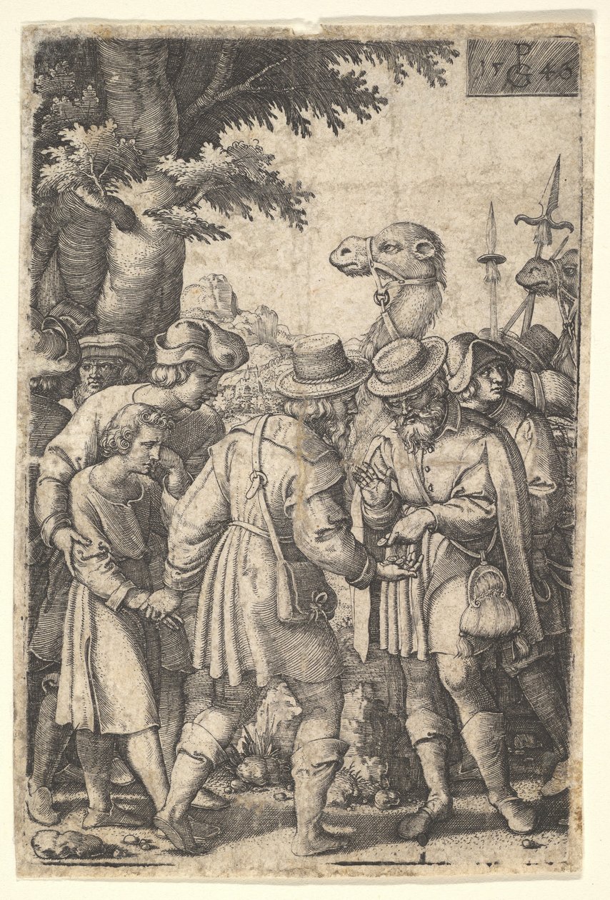 Joseph vendu aux marchands : un homme barbu saisissant Joseph de sa main gauche - Georg Pencz