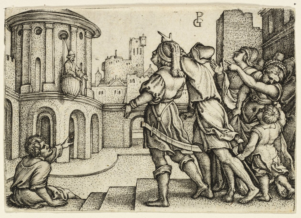 Virgile le magicien suspendu dans le panier - Georg Pencz