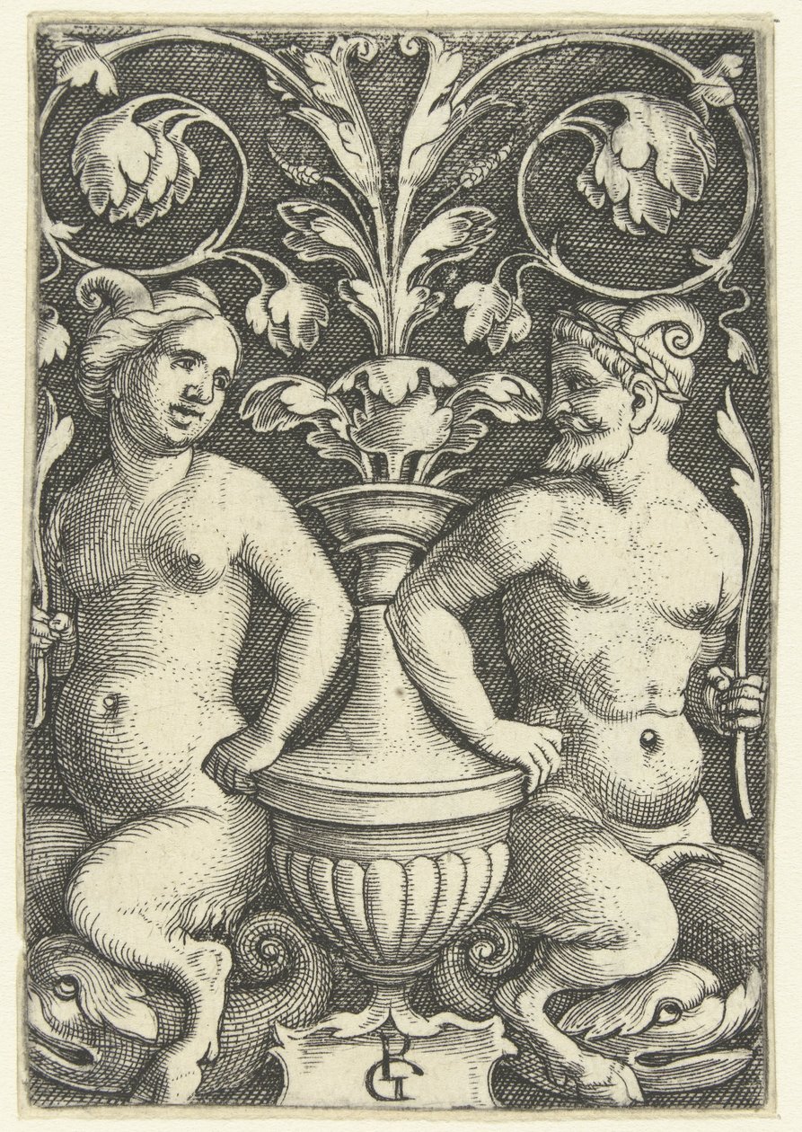 Satyre mâle et femelle (Décorations plates avec grotesques et rinceaux) - Georg Pencz