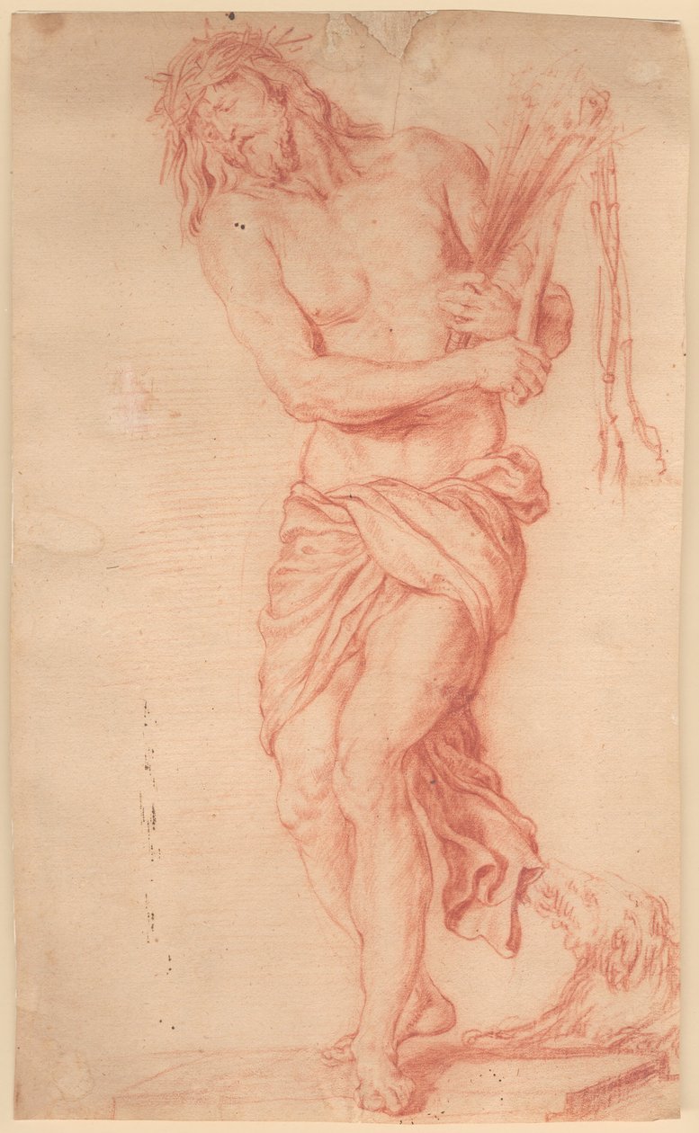 Ecce Homo. Christ souffrant debout avec des verges et un fouet noué ainsi qu