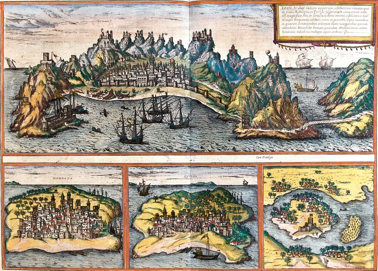 Aden, Mombasa, Kilwa, Nova Sofala, Yémen, Kenya, Tanzanie, Mozambique - Georg and Hogenberg Franz (1535 90) Braun
