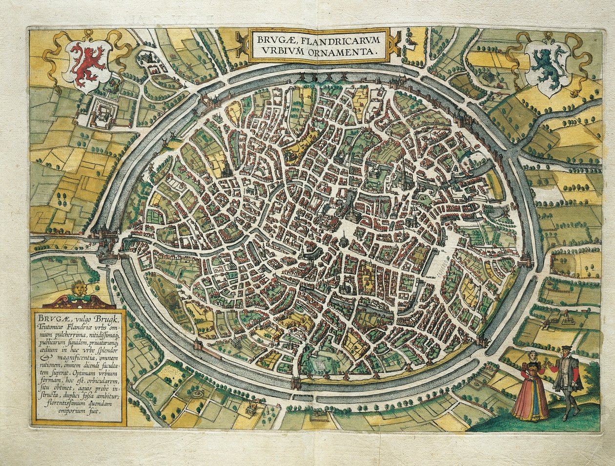 Belgique, carte de Bruges du Civitates Orbis Terrarum par Georg Braun et Franz Hogenberg, Cologne, gravure - Georg Braun and Hogenberg Franz