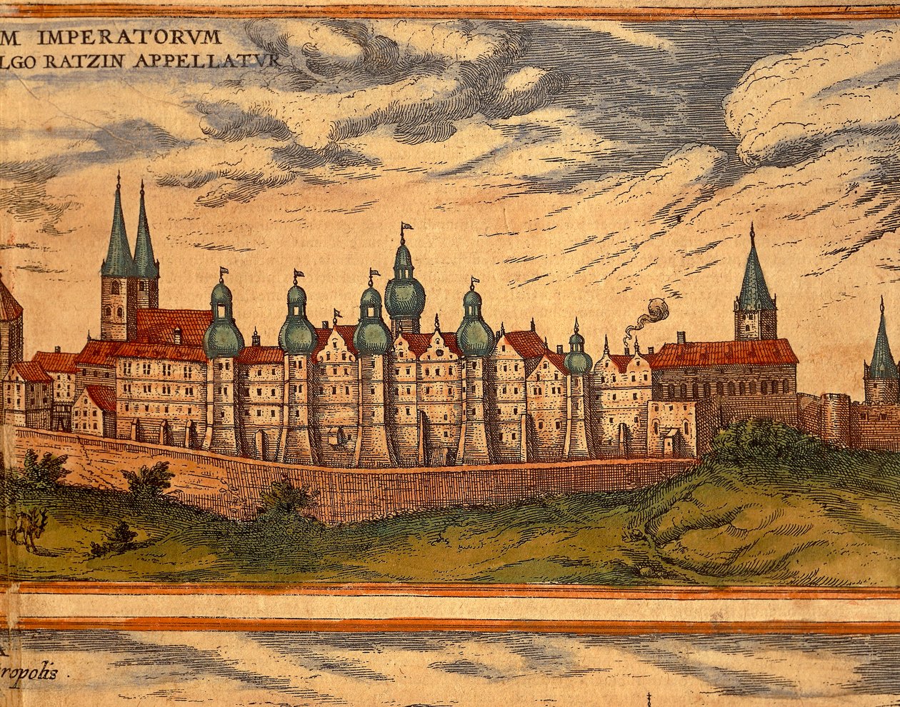 République Tchèque, Prague, Vue du Palais, gravure en couleur du Civitates Orbis Terrarum - Georg Braun and Hogenberg Franz