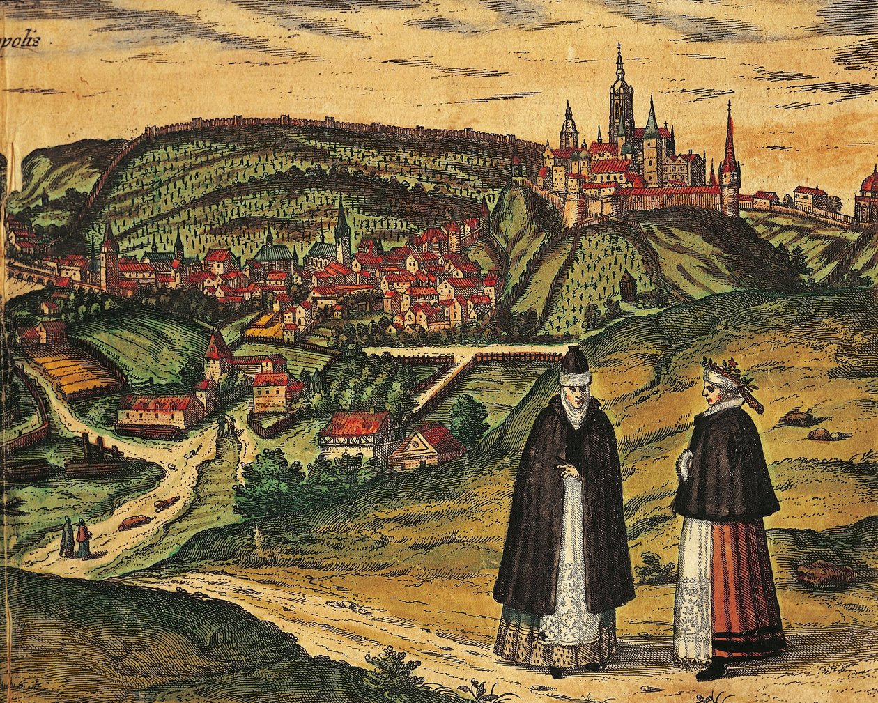 République tchèque, Prague, Vue de la ville avec la citadelle en arrière-plan, gravure en couleur de Civitates Orbis Terrarum par Georg Braun (1541-1622) et Franz Hogenberg (1535-1590) - Georg Braun and Hogenberg Franz