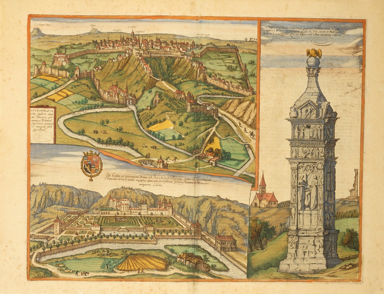 Ville de Luxembourg, Palais Grand-Ducal et monument en pierre du Civitates Orbis Terrarum par Georg Braun - Georg Braun and Hogenberg Franz