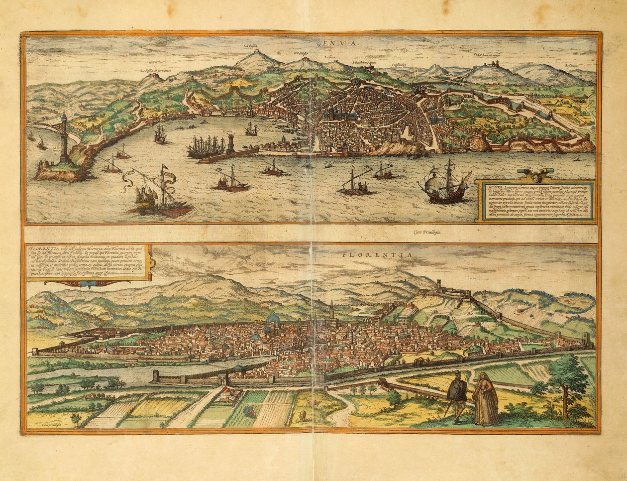 Carte de Gênes et Florence du Civitates Orbis Terrarum par Georg Braun - Georg Braun and Hogenberg Franz