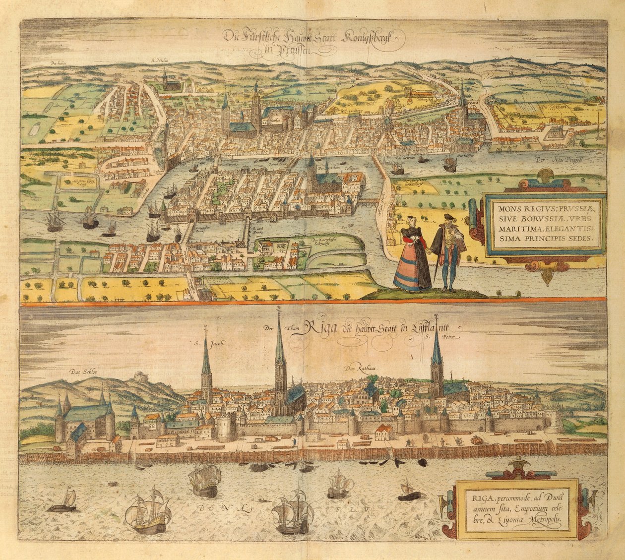 Carte de Königsberg et Riga de Civitates Orbis Terrarum par Georg Braun - Georg Braun and Hogenberg Franz
