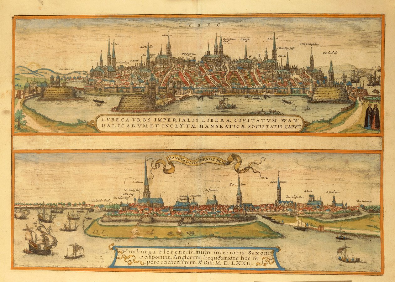 Carte de Lubeck et Hambourg de Civitates Orbis Terrarum par Georg Braun - Georg Braun and Hogenberg Franz
