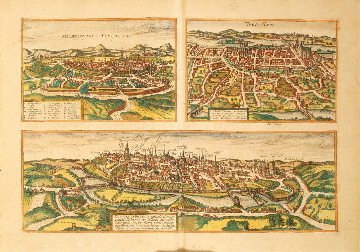 Carte de Montpellier, Tours et Poitiers de Civitates Orbis Terrarum par Georg Braun - Georg Braun and Hogenberg Franz