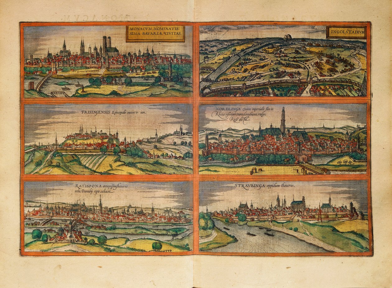 Carte de Munich, Ingolstadt, Freising, Nordlingen, Ratisbonne et Straubing, Allemagne, de Civitates Orbis Terrarum par Georg Braun - Georg Braun and Hogenberg Franz