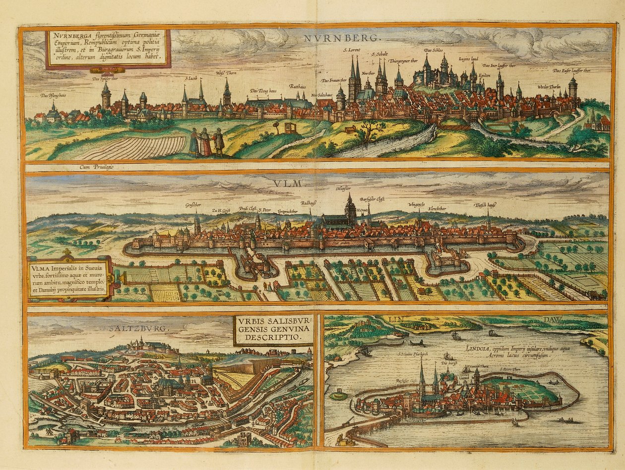 Carte de Nuremberg, Ulm, Salzbourg et Lindau de Civitates Orbis Terrarum par Georg Braun - Georg Braun and Hogenberg Franz