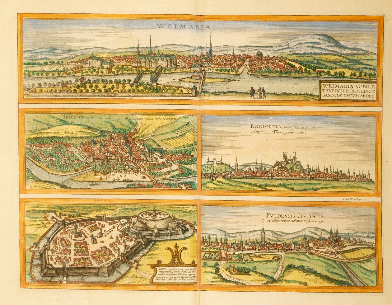 Carte de Weimar, Iéna, Erfurt, Gotha et Fulda du Civitates Orbis Terrarum par Georg Braun - Georg Braun and Hogenberg Franz