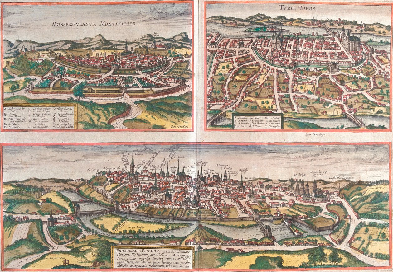 Montpellier, Tours, Poitiers, France - Georg and Hogenberg Franz (1535 90) Braun