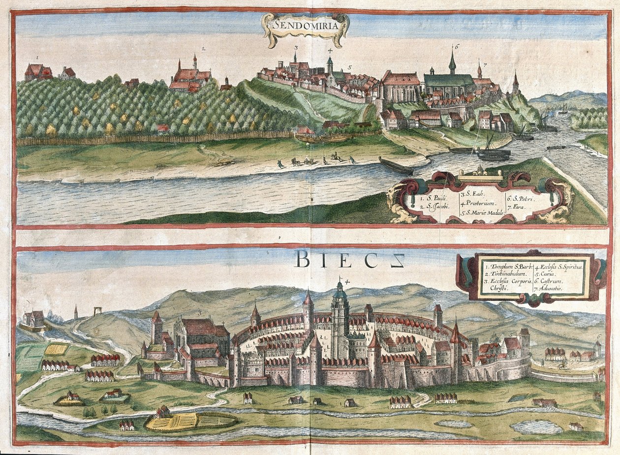 Sandomierz et Biecz, Pologne (gravure) - Georg Braun and Hogenberg Franz