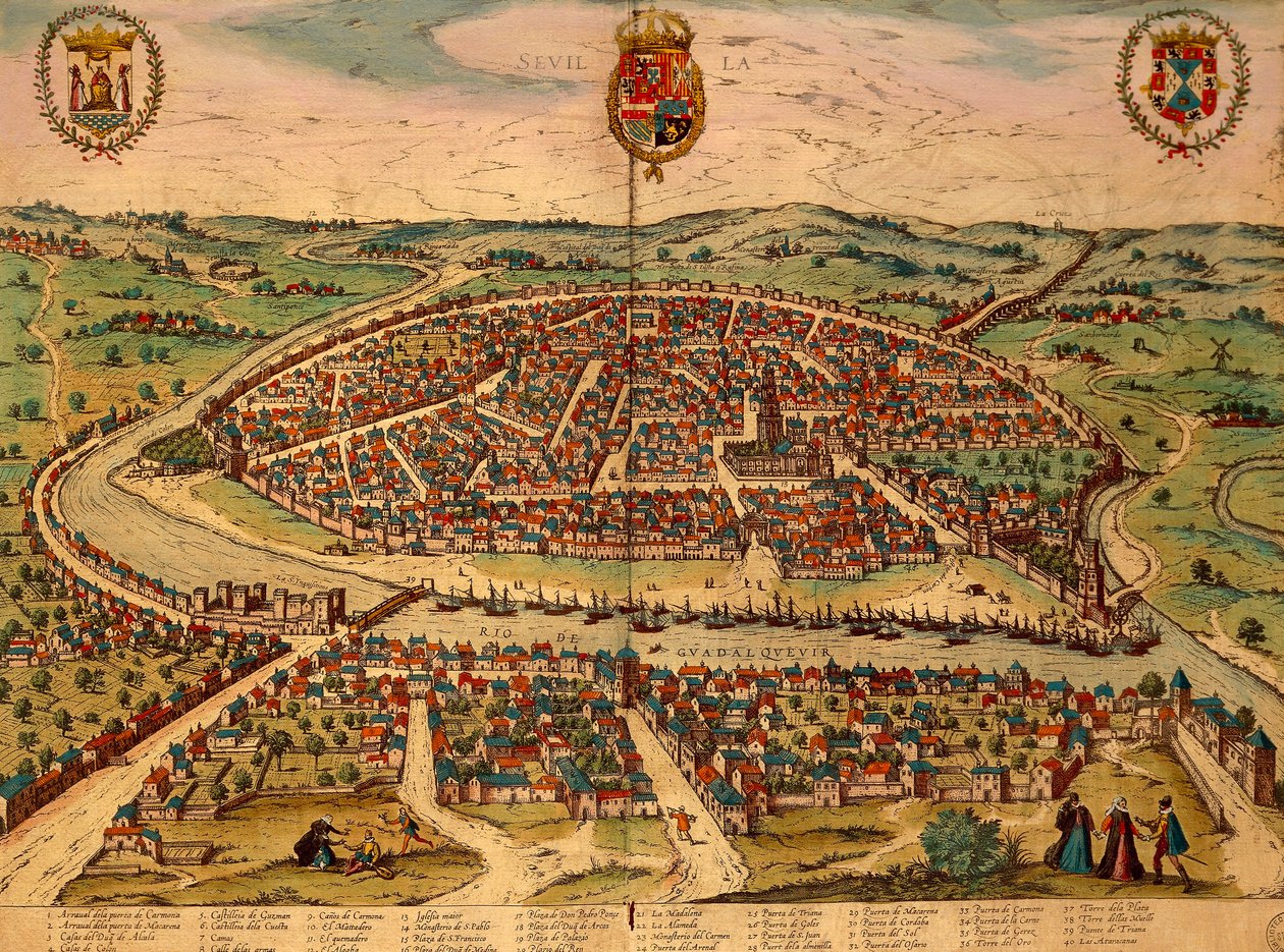 Espagne, Séville, vue de la ville, gravure en couleur de Civitates Orbis Terrarum par Georg Braun et Franz Hogenberg - Georg Braun and Hogenberg Franz